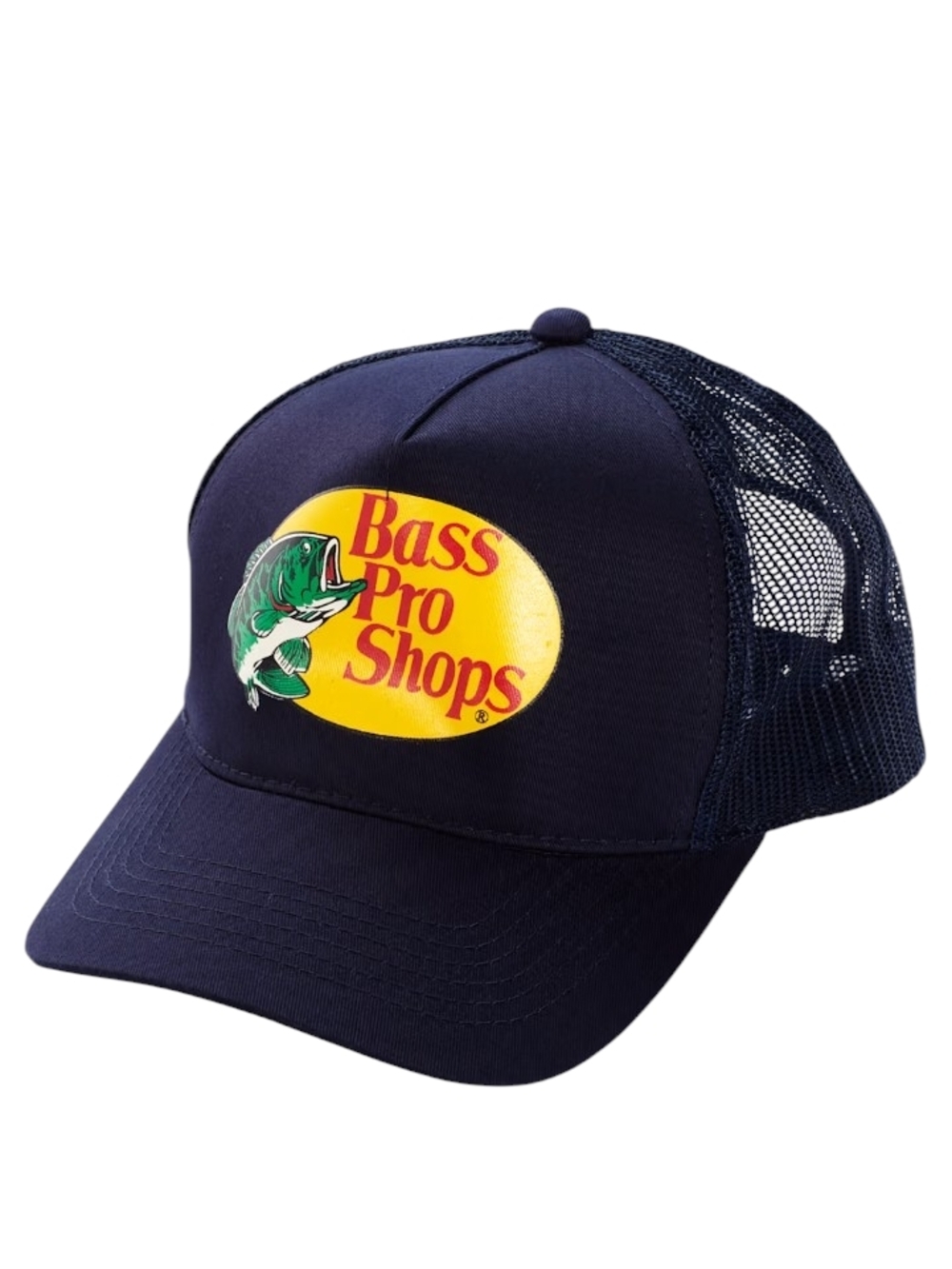 Bass Pro Shops Navy Trucker Hat with Yellow Logo Patch